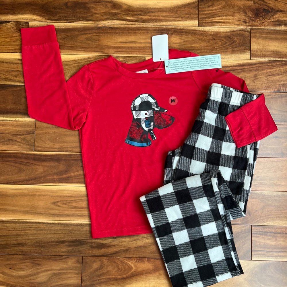 Columbia Boys Checked Fleece Red Dog Pajamas Set NWT M 7/8